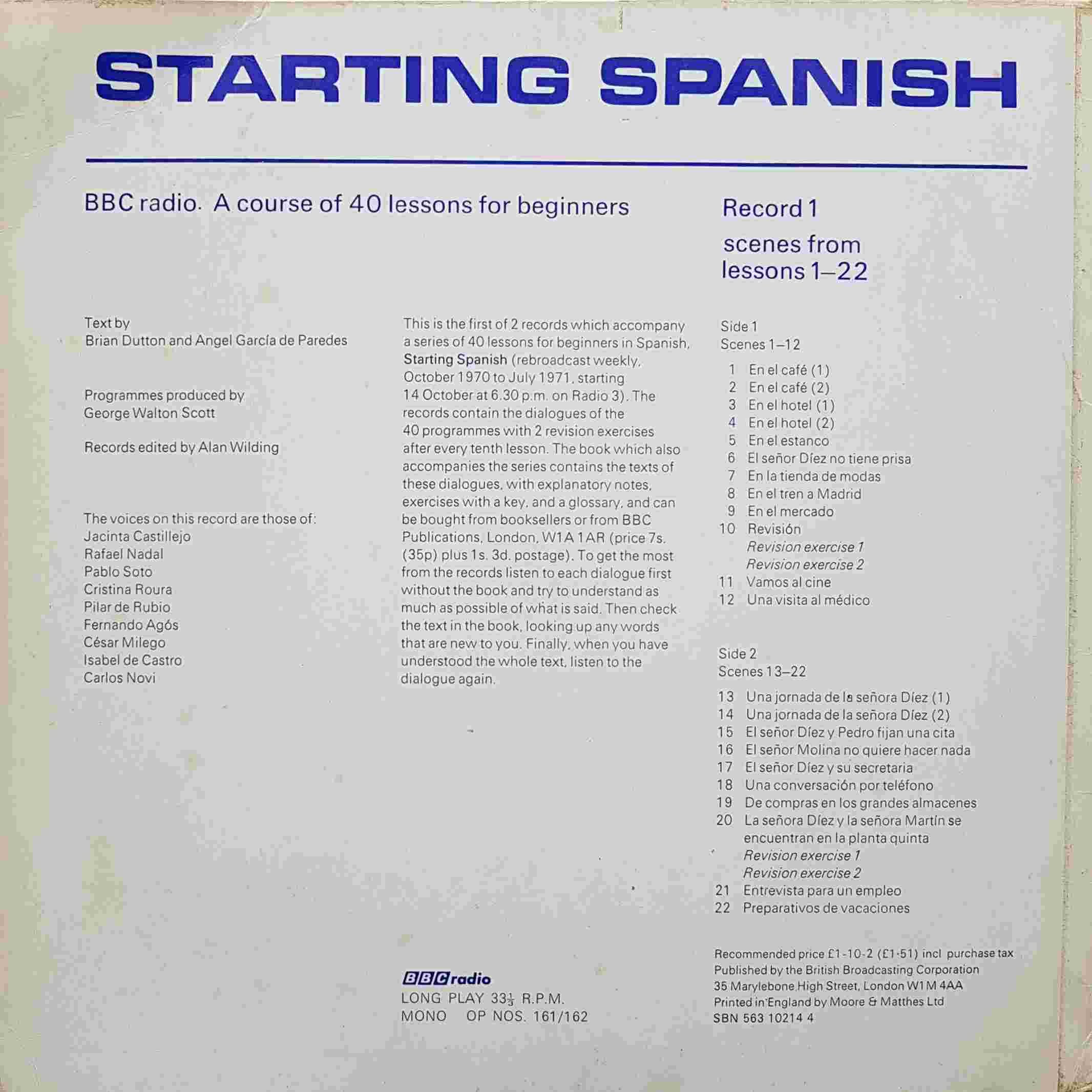 Picture of OP 161/162 Starting Spanish - A BBC Radio course of 40 lessons for beginners - Record 1 - Lessons 1 - 22 by artist Brian Dutton / Angel Garcia de Paredes from the BBC records and Tapes library